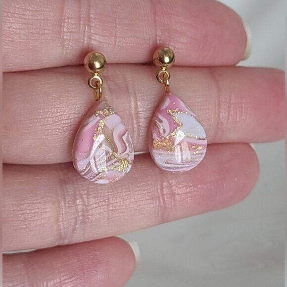 Boho Gold Ball Resin Pink White Agate Gemstone Inspired Teardrop Dangle Earrings - Picture 10 of 12